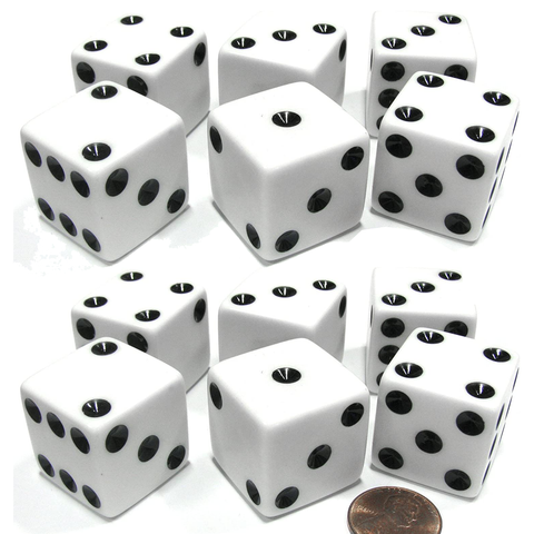 Olmecs Set of 50 Large Opaque Jumbo Dice - White with Black & Red Pip - 25mm