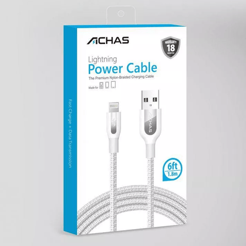 Achas Lightning Power cable 1.8 Mtrs,  Braided Charging Cable for ios Devices (white)