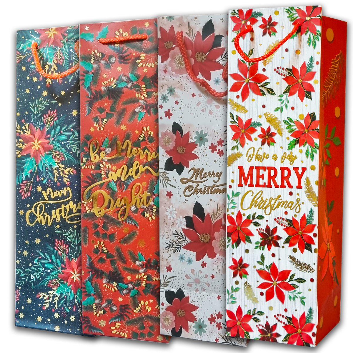 6Pc Pack Christmas Gift Bag For Bottle 4 Assorted Design with Rope Handles 38x11x11 cms  - WILLOW