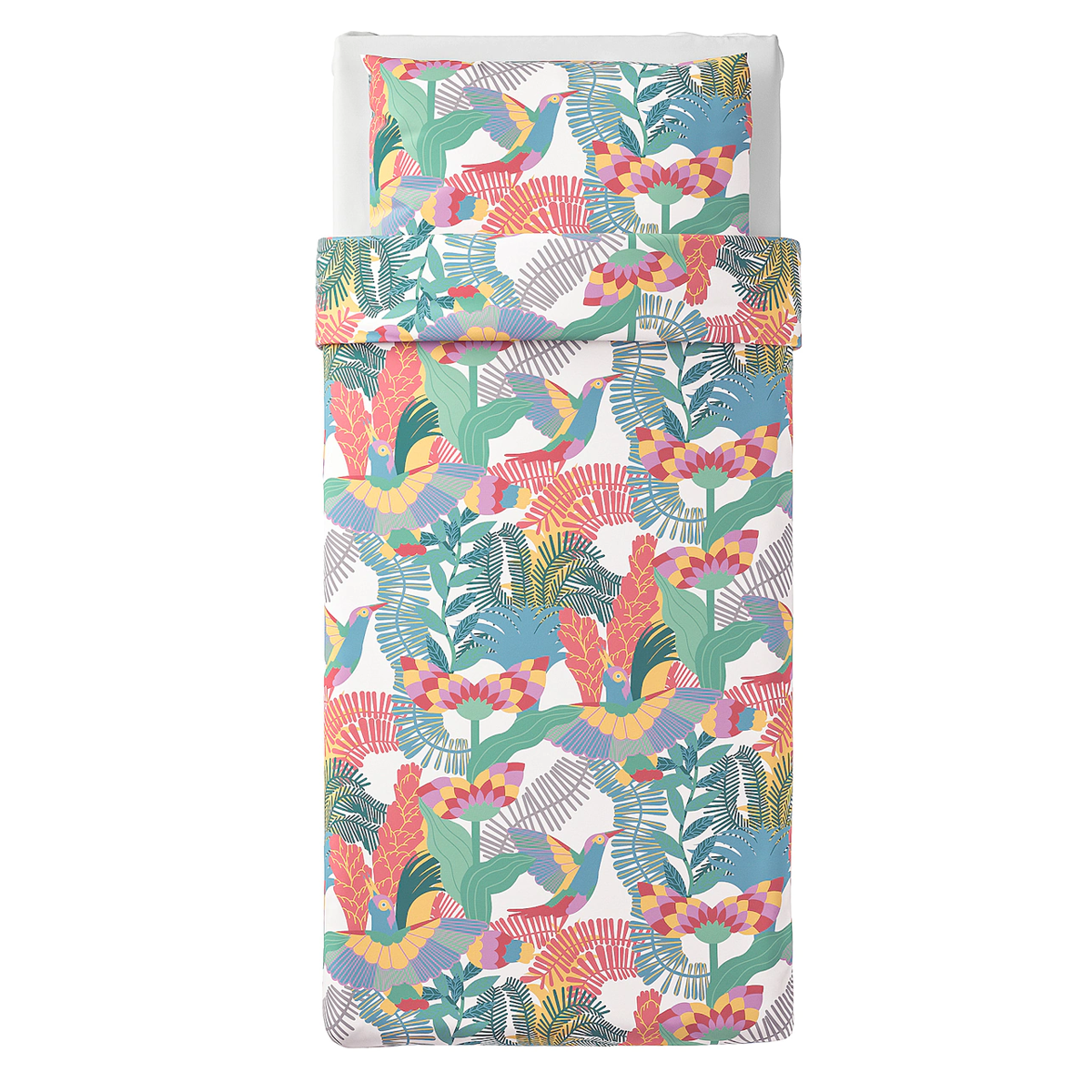 Quilt cover and 2 pillowcases, white, multicolour, 240x220/50x80 cm - SKOGSFIBBLA