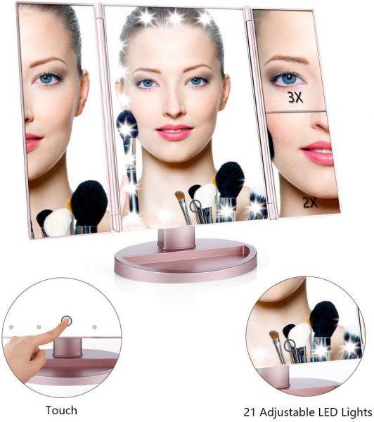 Lighted Vanity Mirror, 21 Super Bright LEDs, Touch Screen Tri-Fold (ROSE GOLD)