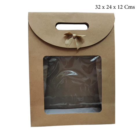 Brown Kraft Bag with Clear Window and Bow (21x14x7Cms) - Pack of 12 - Willow