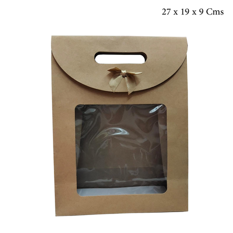 Brown Kraft Bag with Clear Window and Bow (21x14x7Cms) - Pack of 12 - Willow