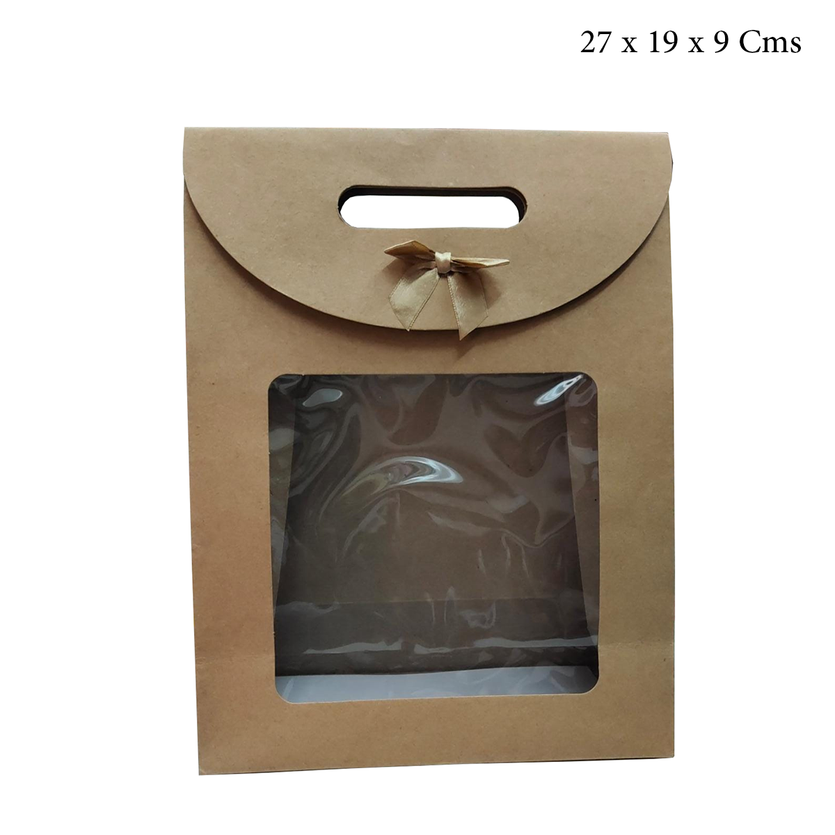 Brown Kraft Bag with Clear Window and Bow (27x19x9Cms) - Pack of 12 - Willow