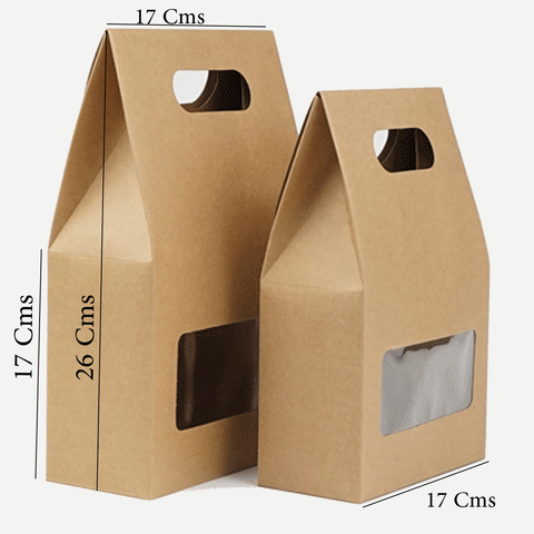 Kraft Paper Foldable Window Box with Handle For Candy, Gift, Chocolate or Wedding Favor (26x17x6.5Cms)- Pack of 12 - Willow