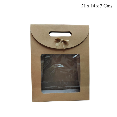 Brown Kraft Bag with Clear Window and Bow (32x24x12Cms) - Pack of 12 - Willow