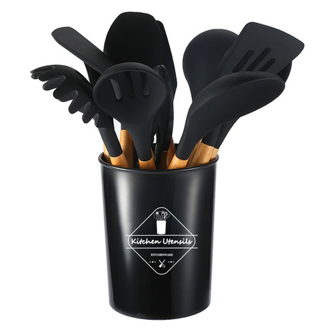 Non-stick Silicone Utensils Set | Wooden Handle Spatula