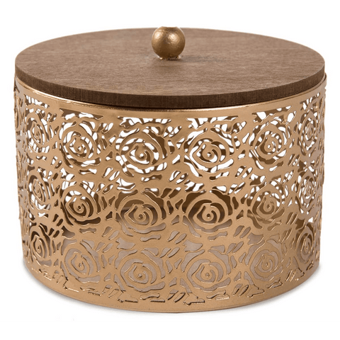 Small Metal Storage Box & Wooden Cover (13.5 x 12 cm, Gold)