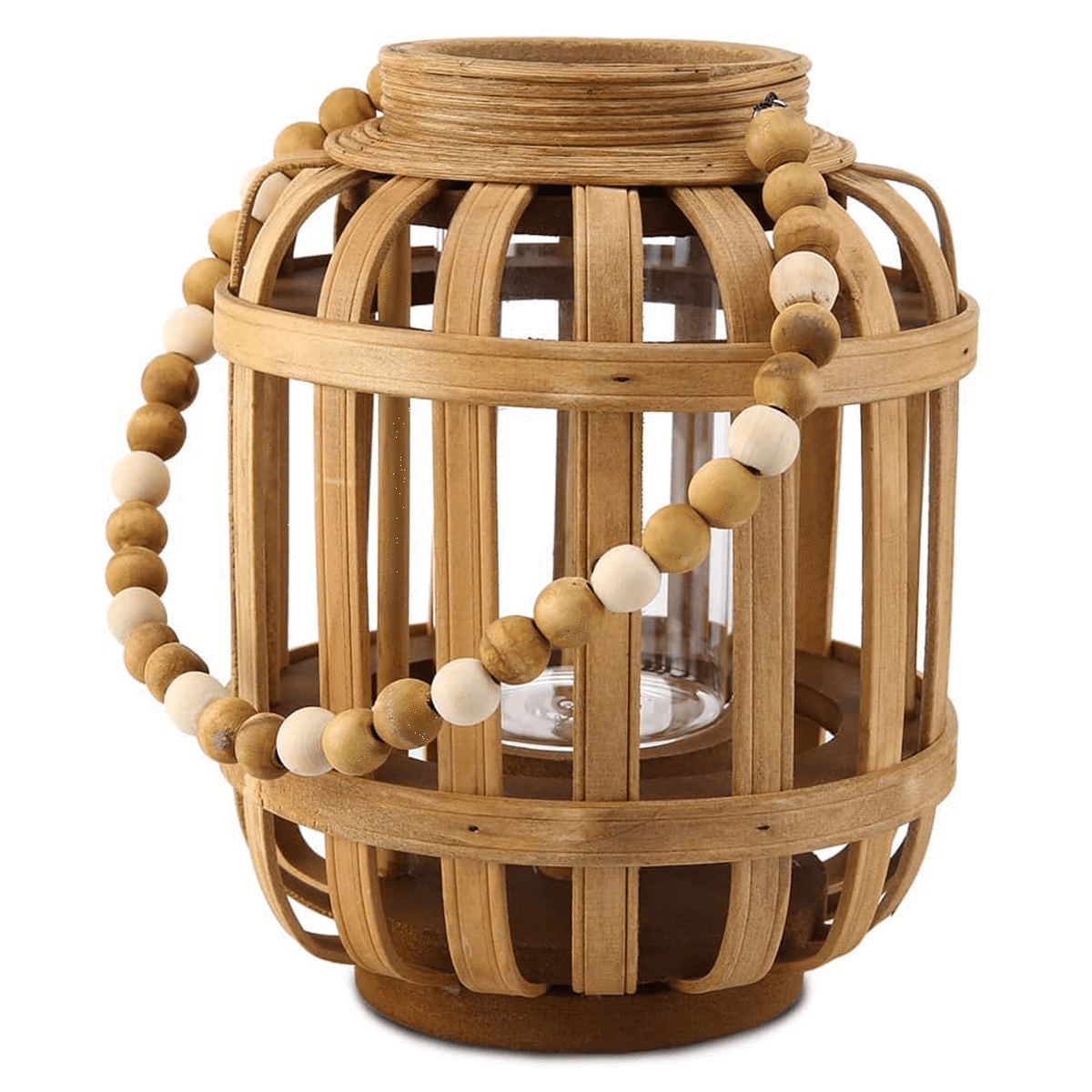 Homeworks Large Wooden Lantern with Beaded Handle