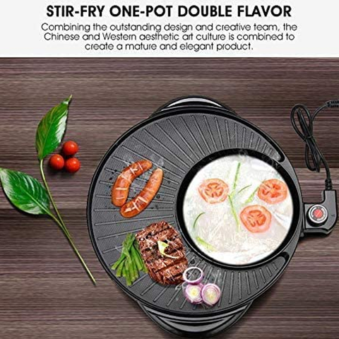 Smokeless Non-Stick Indoor 2 in 1 BBQ Grill & Hot Pot Multi-Function Electric Barbecue Oven