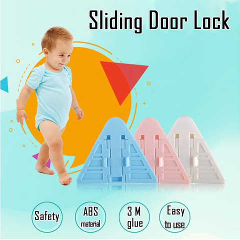2Pc Plastic Sliding Door Lock Punch-Free Child Safety Lock 3M Glue No Screws or Drills