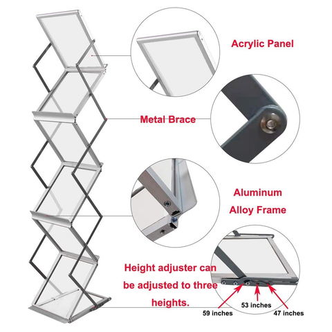 Acrylic A4 Brochure Stand Zigzag Aluminium Folding Brochures / Pamphlets A4 Display Holders Rack Stand