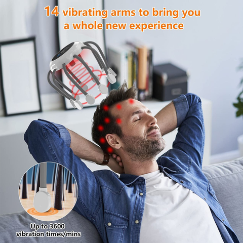 Rechargeable Head Scalp Massager with 14 Vibrating Contacts, 5 Modes, Red Light Therapy