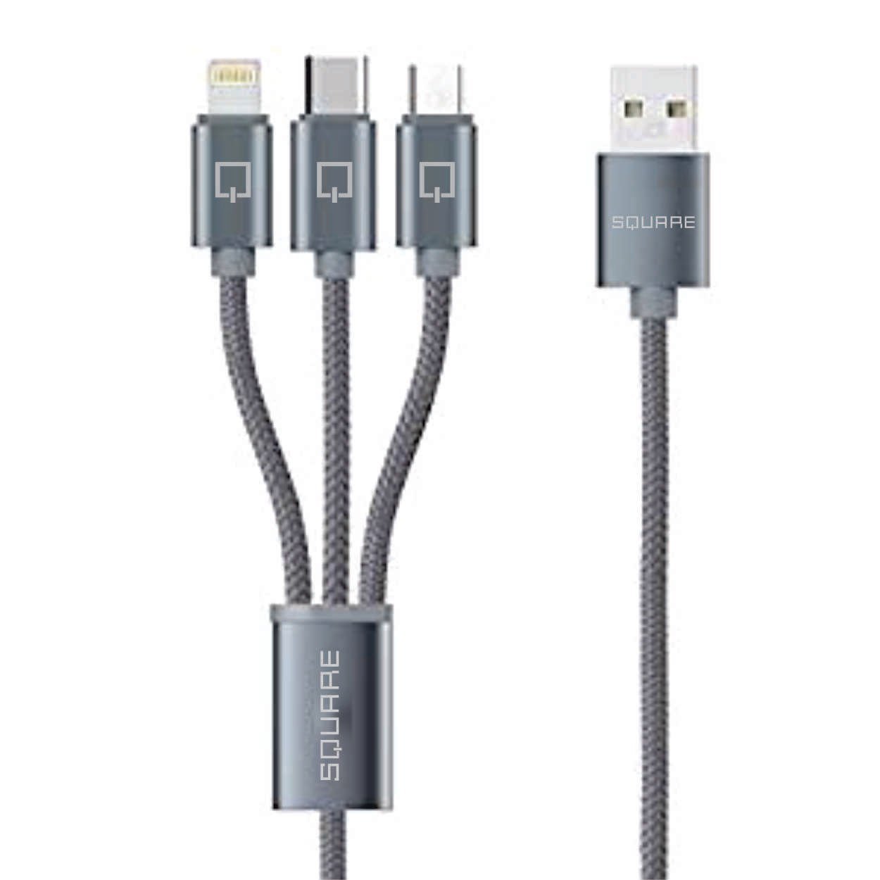 SQUARE USB to Micro/USB-C/Lightning 3 in 1 Multiple 3A USB Charging Cable for iPhone X/8 8 plus/ 7 7 plus/iPad/Macbook/Galaxy S8 plus/Lg V20/Huawei Mate 9 BLACK