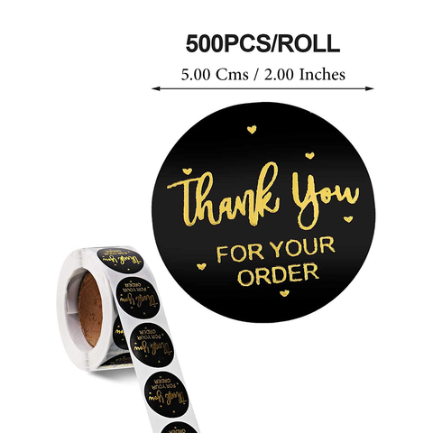 WILLOW 500Pcs Thank You For Your Orders Stickers, Round  Roll with Gold Foil, Self Adhesive Gift Packaging Stickers  (Black)
