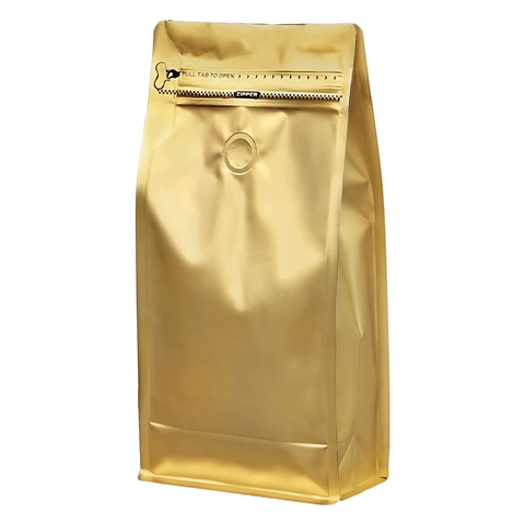 Gold Color Coffee Pouches with valve, Flat Bottom Pull Tab Zipper 500g (25 Pc Pack) - Willow