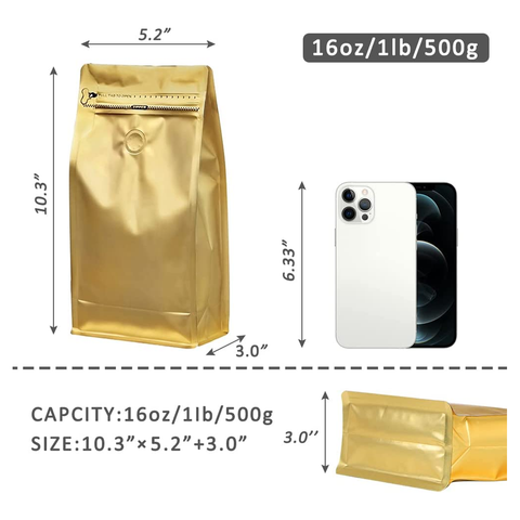 Gold Color Coffee Pouches with valve, Flat Bottom Pull Tab Zipper 500g (25 Pc Pack) - Willow