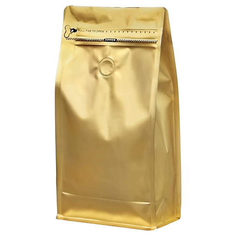 Gold Color Coffee Pouches with valve, Flat Bottom Pull Tab Zipper 250g (25 Pc Pack) - Willow