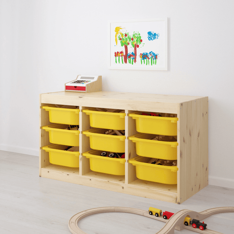 TROFAST Storage combination with boxes, light white stained pine, yellow