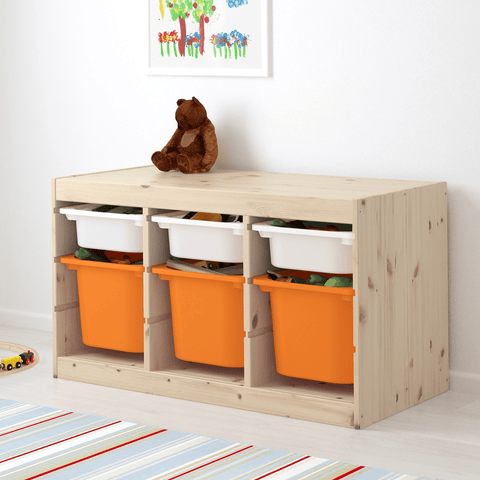 TROFAST Storage combination with boxes, pine light white stained pine white, orange