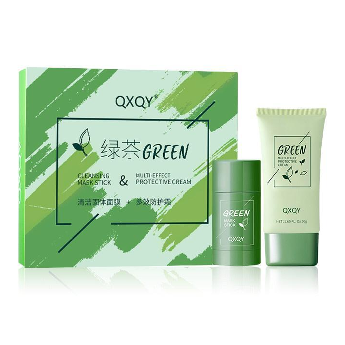 Green Tea Facial Care Kit Oil Control Solid Cleansing Mask Multi-effect Cleansing and Protective Cream - QXQY