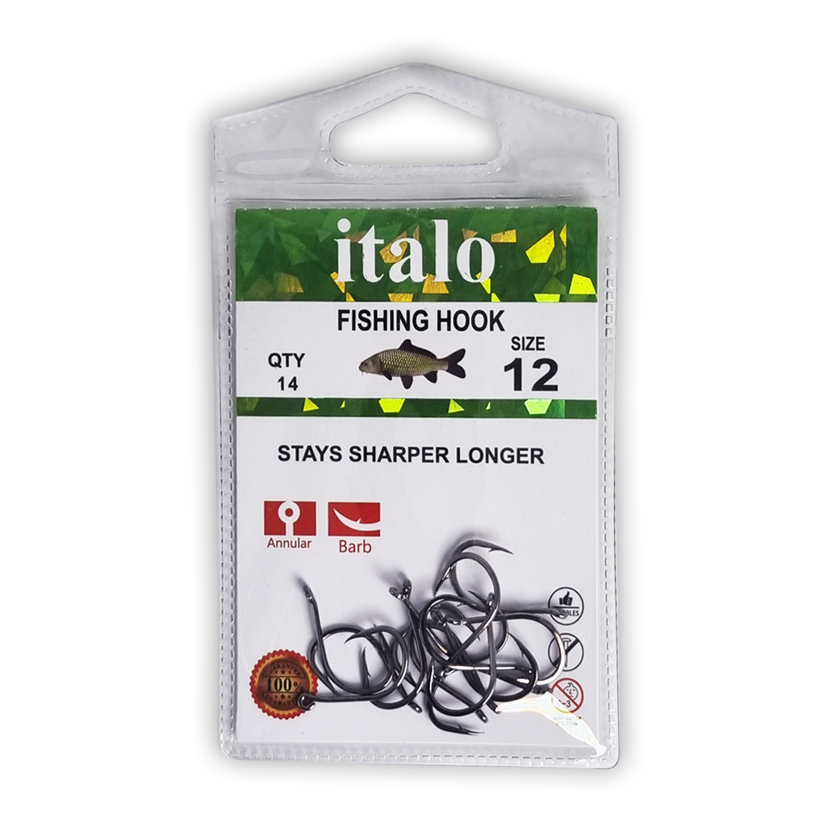 Fishing Hooks, Stay Sharper Longer, Pack of 12pcs - Size 14 - Italo