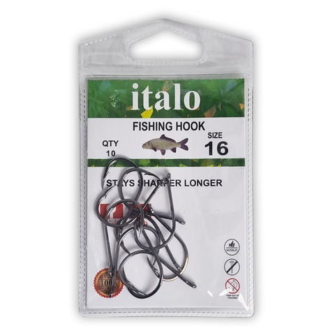 Fishing Hooks, Stay Sharper Longer, Pack of 10pcs - Size 16 - Italo