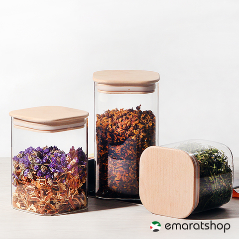 3Pc Pack Clear Borosilicate Glass Jar with Bamboo Lid  (6x6x8.5Cms) - Willow