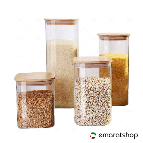 3Pc Pack Clear Borosilicate Glass Jar with Bamboo Lid  (6x6x13.5Cms) - Willow