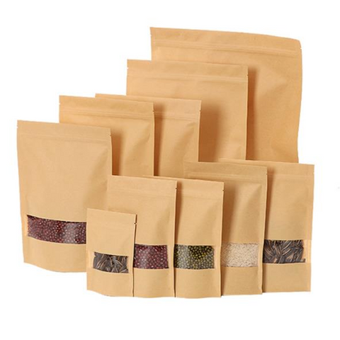 Kraft Paper Pouch with Zip Lock Sealing & Window (PACK OF 50 PCS)