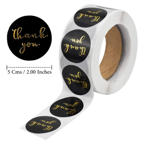 WILLOW 500PCS Thank You Stickers, Round  Roll with Gold Foil, Self Adhesive Gift Packaging Stickers for Handmade Goods, DIY, Sealing Bag (Black)