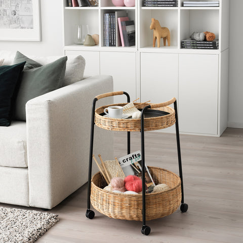 LUBBAN Trolley table with storage, rattan/anthracite