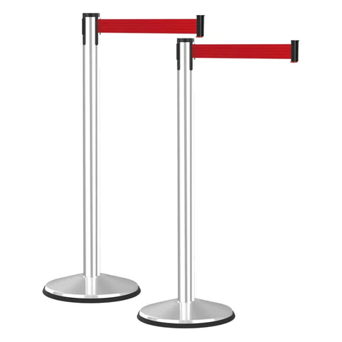 Crowd Control Barriers with Retractable Belt Stanchion  Pole For Crowd Control Silver/Red (Set of 2)