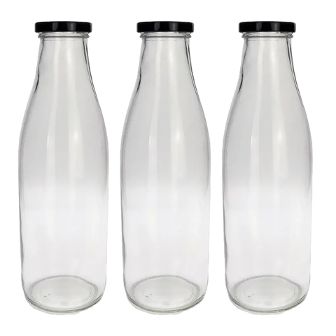 Milk, Juice Glass Bottle with Black 1000ml - 12 Pc Pack