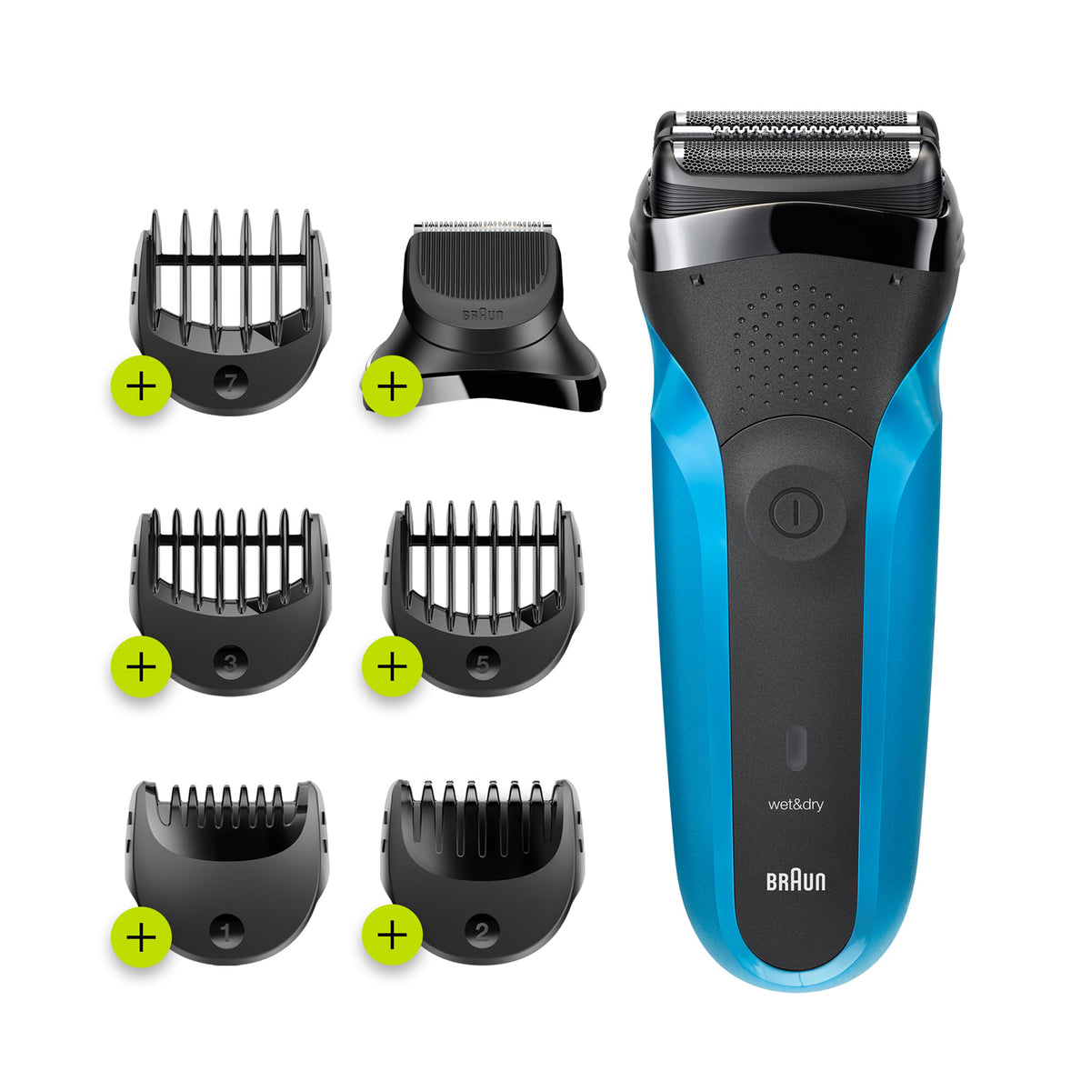 Braun Series 3 Shave&Style 310BT Wet & Dry shaver with trimmer head and 5 combs, black / blue.