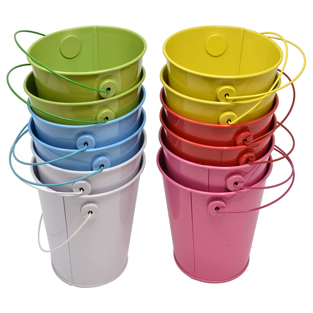 Mini Tin Metal Pail Buckets Assorted Colored 2inches (12Pc Pack)