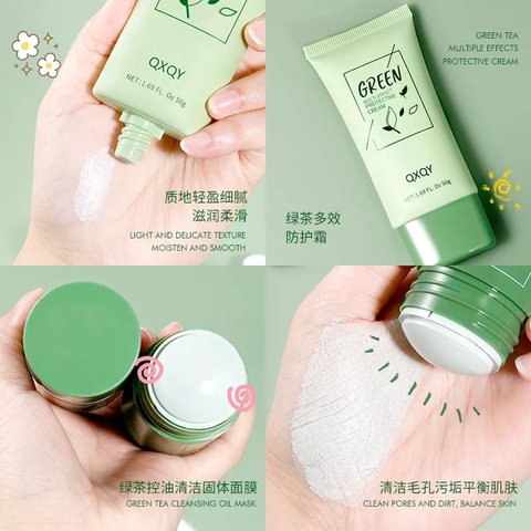 Green Tea Facial Care Kit Oil Control Solid Cleansing Mask Multi-effect Cleansing and Protective Cream - QXQY