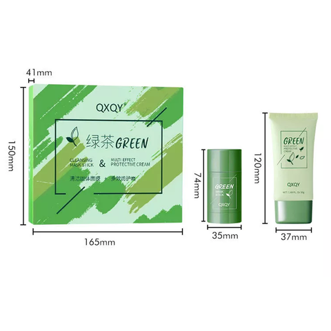 Green Tea Facial Care Kit Oil Control Solid Cleansing Mask Multi-effect Cleansing and Protective Cream - QXQY