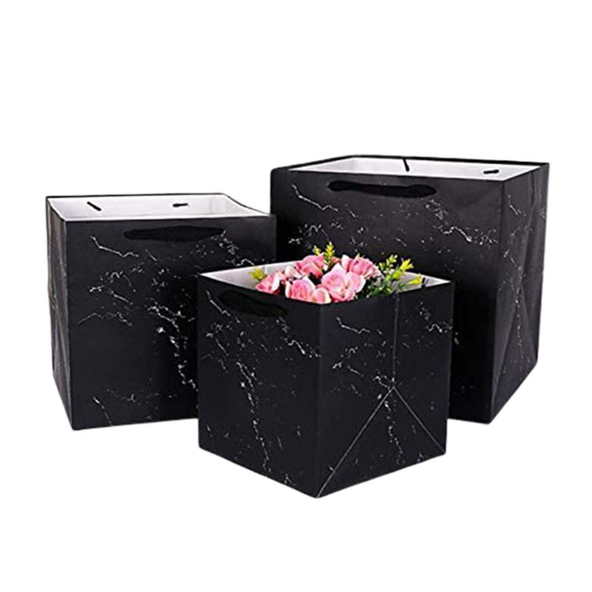 12Pcs Square Marble Design Gift Bags Giveaway Flower Bags Gift Favors - 20x20x20cm Black - Willow