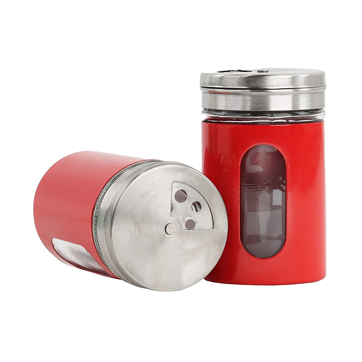 Red Salt Pepper Shakers Retro Spice Jars Glass - Set of 2
