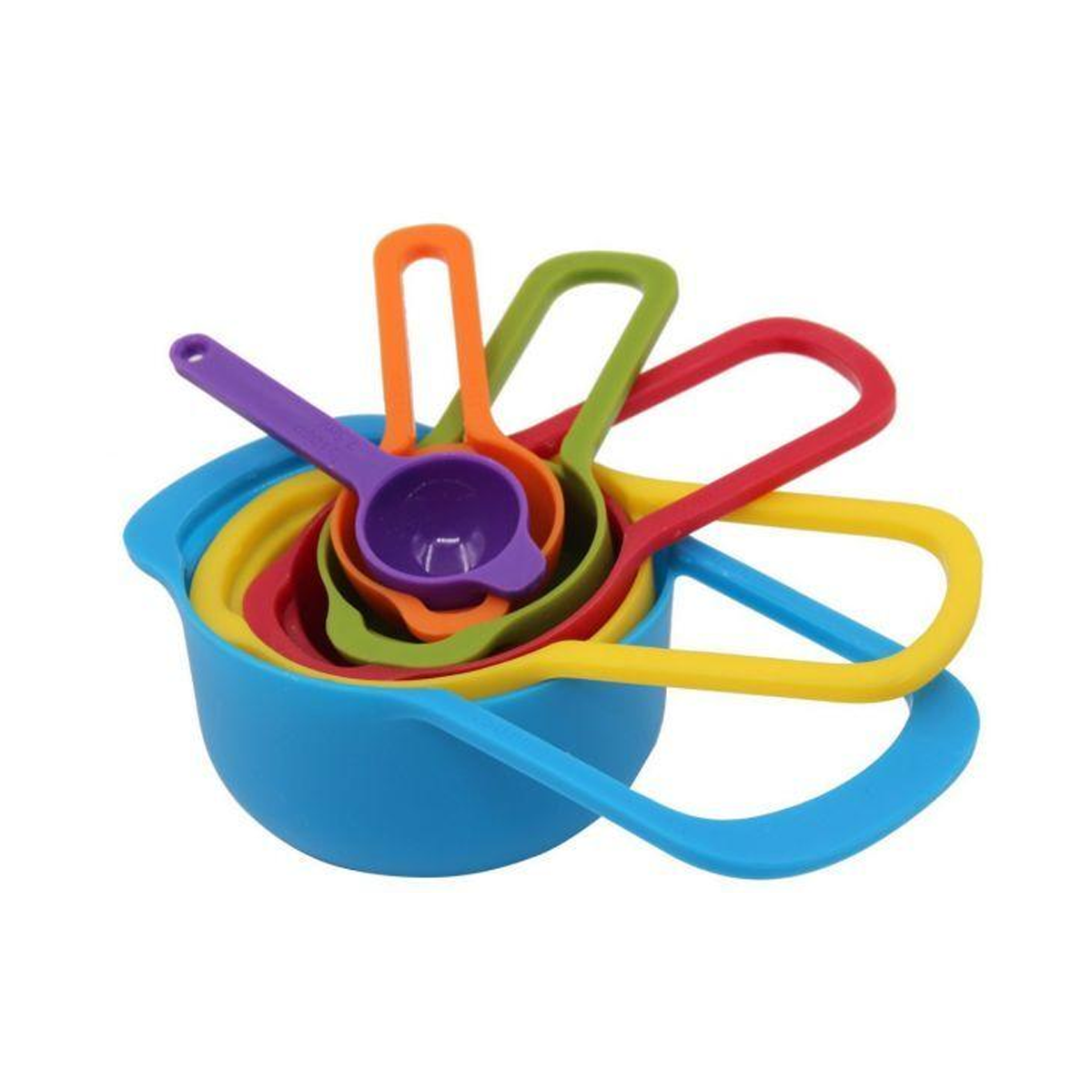 6 Pcs of Plastic Measuring Cups and Spoons Set. Stackable, Space Saving, Multi color Design. - SquareDubai