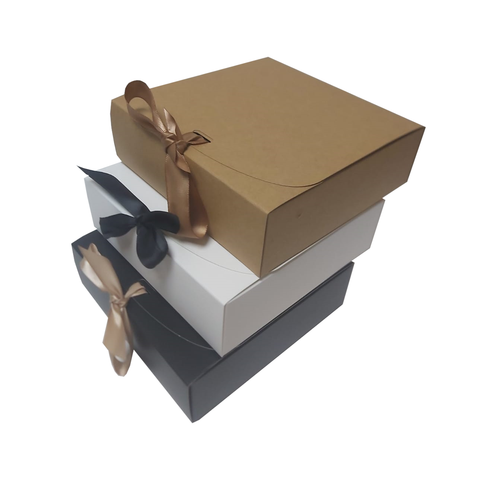 Small Silk Ribbon Closure Design BROWN Kraft Gift boxes (16x16x5Cms) 12Pc Pack - White