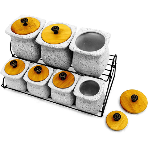 7-Piece Spice Jar With Rack And Lid Stone Grey