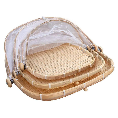 3Pcs Square Bamboo Food Serving Trays with Food Mesh Cover - Willow