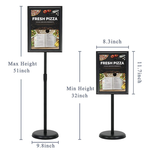 Olmecs Adjustable Pedestal Poster Stand Aluminum Snap Open Frame for 8.5 x 11 Inch, Vertical and Horizontal View Sign Displayed, Black A4