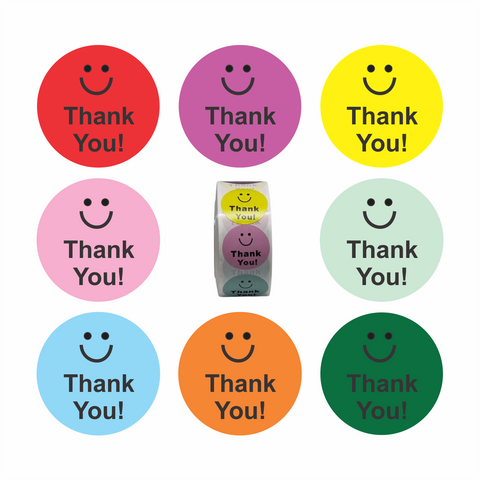 Willow Thank You Paper Stickers - Smile Face Design, 1 inch 8 Colors Stickers 500/Roll