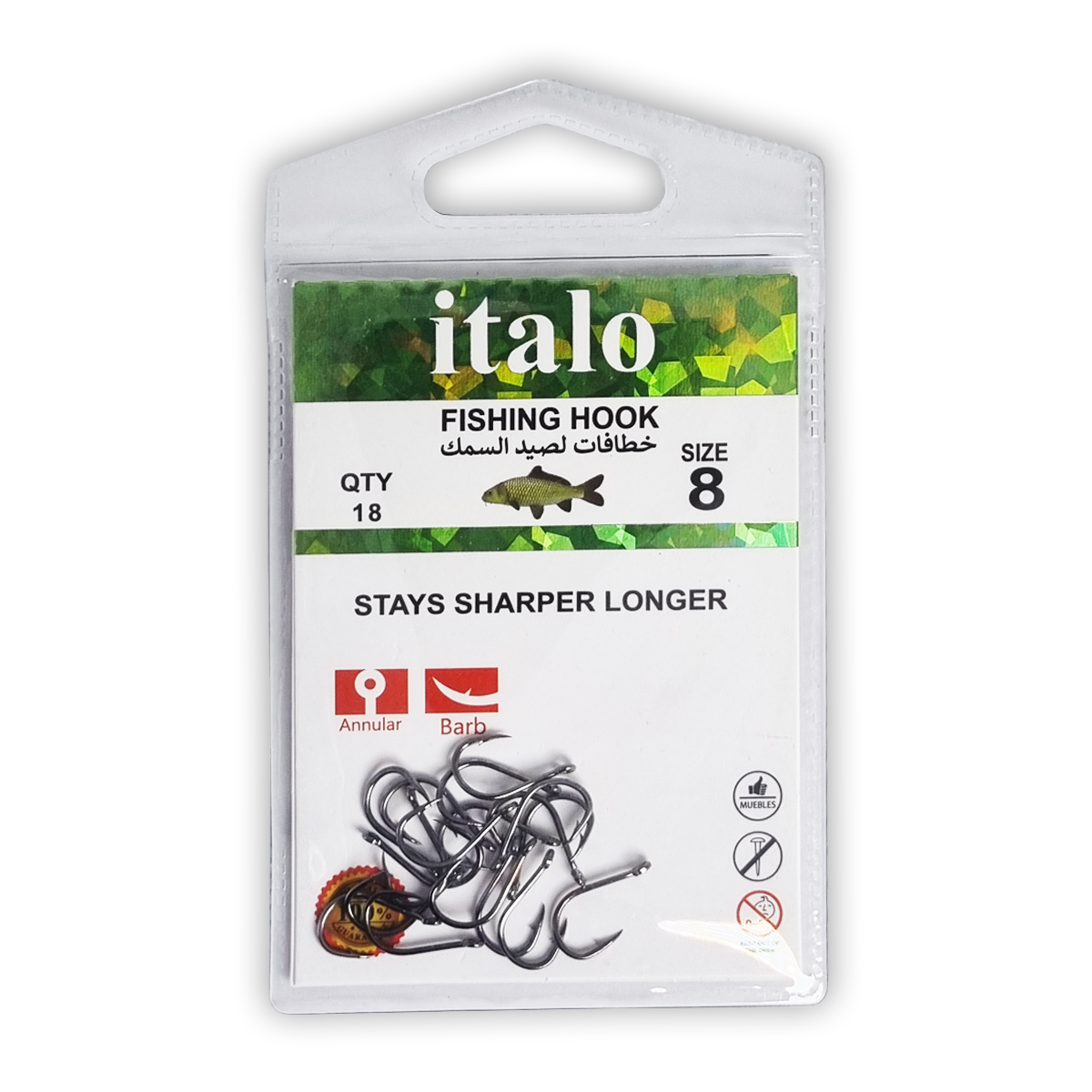 Fishing Hooks, Stay Sharper Longer, Pack of 10pcs - Size 16 - Italo