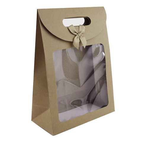 Brown Kraft Bag with Clear Window and Bow (32x24x12Cms) - Pack of 12 - Willow