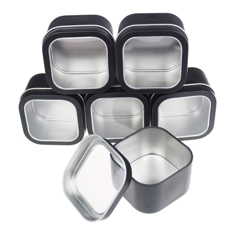 12Pc-Pack 8oz Empty Square Black Metal Tins with Clear Window - Willow