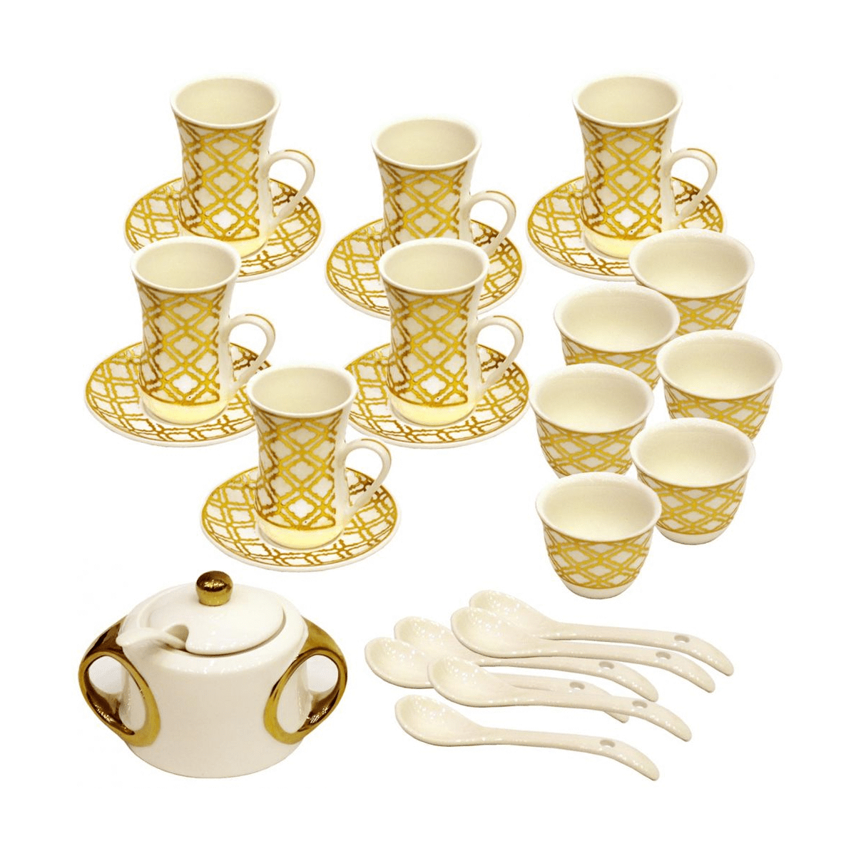 CERAMIC Gawa, Tea cup with Saucer Set of 27, White and Gold - SquareDubai